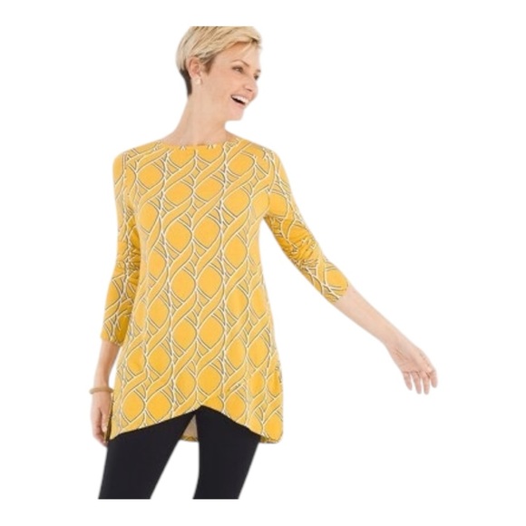 Zenergy by Chico’s Asymmetrical Yellow Patterned Long Sleeve Top Size 2 Large - Picture 8 of 10
